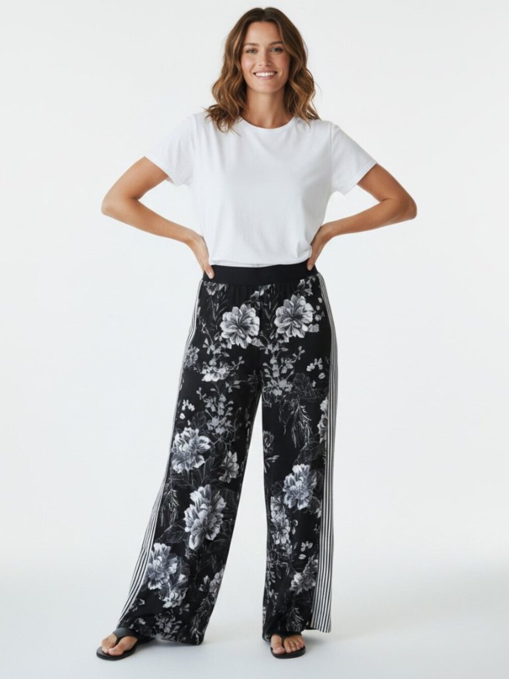 INC International Concepts Floral Black & White Wide-Leg Pants, Side Stripes, M